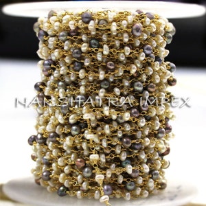 1 Foot Freshwater & Gray Pearl 3-4mm Roundel Smooth Gold Plated Wire Wrapped Rosary Chain