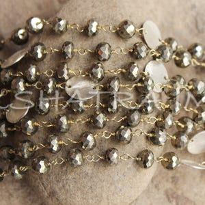 1 Fuß natürliche Pyrit 6mm Rondelle facettierten Perlen Gold plattiert Rosenkranz Kette mit Münze Metallteile