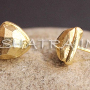 Golden Pyrite 10mm Cushion Triangle Faceted 925 Sterling Silver Gold Electroplated Smooth Finish Stud Earrings