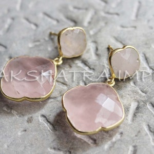 Natural Rose Quartz 10mm & 18mm Clover Briolette 925 Sterling Silver Gold Plated Dangle Earrings