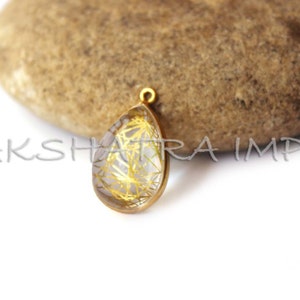 Golden Rutilated Quartz 13x20mm Pear Cabochon 925 Sterling Silver Gold Plated Bezel Pendant