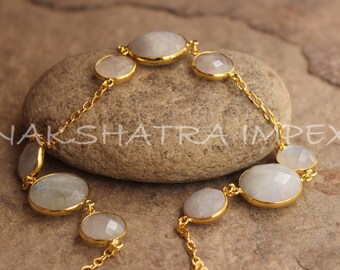 1 Foot Rainbow Moonstone 12 & 18mm Round Briolette Beaded Gold Plated Bezel Chain