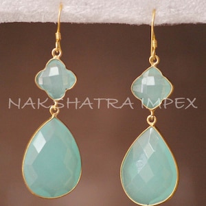 Aqua Hydro Quartz Clover & Pear Briolette 925 Sterling Silver Gold Plated Earhook Earrings