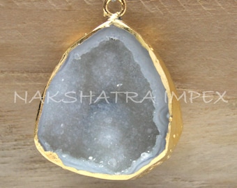 Natural Whitish Gray Color Geode Agate Druzy Free Form Gold Electroplated Gemstone Pendant