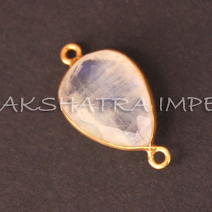 Rainbow Moonstone 12x16mm Pear Briolette 925 Sterling Silver Gold Plated Bezel Connector