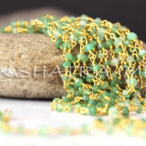 1 Foot Chrysoprase 3-4mm Roundel Faceted Beaded Gold Plated Rosary Chain