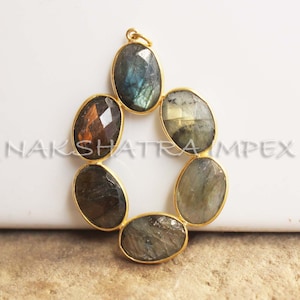 Labradorite 10x14mm ovale Briolette sei pietra 925 ciondolo in argento Sterling placcato oro lunetta