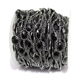 1 Foot Black Onyx Faceted Stations Bezel Beaded Black Rhodium Plated  Chain.