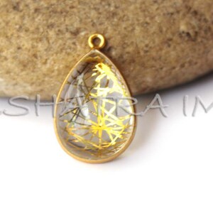 Golden Rutilated Quartz 14x20mm Pear Cabochon 925 Sterling Silver Gold Plated Bezel Pendant