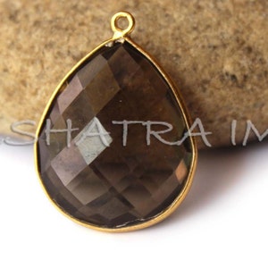 Smokey Quartz 21x25mm Pear Briolette 925 Sterling Silver Gold Plated Bezel Pendant