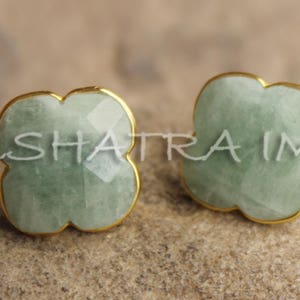 Natural Sea Green Milky Aquamarine Clover Briolette 925 Sterling Silver Gold Plated Stud Earrings- Premium AAA Aquamarine Beautiful Gemstone