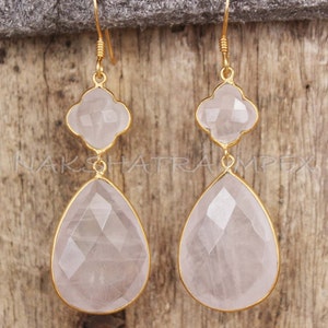 Rose Quartz Clover & Pear Briolette 925 Sterling Silver Gold Plated Earhook Earrings