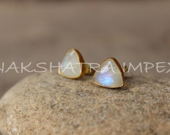 Natural Rainbow Moonstone  8mm Triangle  Faceted 925 Sterling Silver Gold Plated Smooth Finish  Stud Earring