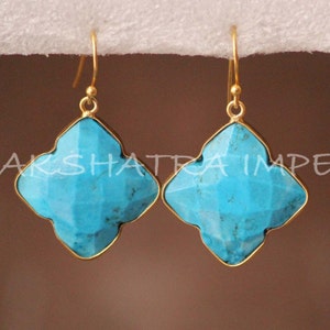 Stablished Turquoise Clover Briolette 925 Sterling Silver Gold Plated Earhook Earrings- Rare finds December Birthstone Sagittarius Turquoise