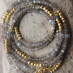 Hermosa Labradorita y Pirita Dorada 3-4mm Roundel Facetado Perlas Oro Chapado Collar