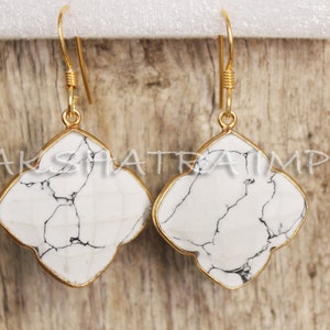 Natural White Howlite Clover Briolette 925 Sterling Silver Gold Plated Earhook Earrings- Real Howlite Semi Precious Stone Flower Earring Set