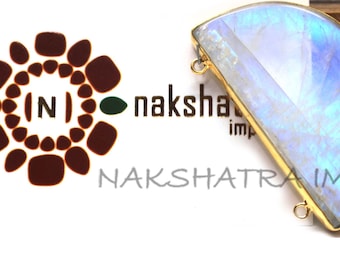 Natural arco iris Moonstone 15x30mm media luna cabujón 925 plata esterlina colgante de oro bisel plateado