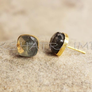 Labradorite 9mm Square Faceted 925 Sterling Silver Gold Plated Smooth Finish Stud Earring