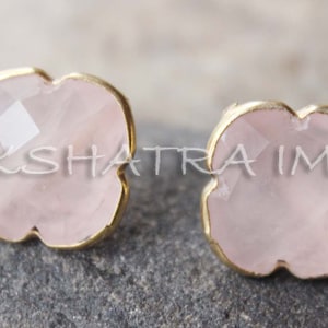 Natural Rose Quartz Clover Briolette 925 Sterling Silver Gold Plated Studs Earrings- Best Finds 100% Real Gemstone RoseQuartz Stud Jewellery