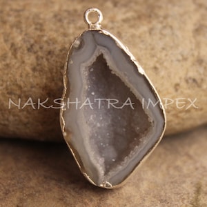 Natural Gray Color Geode Agate Druzy Free Form Gold Electroplated Gemstone Pendant