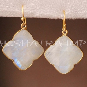 Rainbow Moonstone Clover Briolette 925 Sterling Silver Gold Plated Earhook Earrings- Blue Flash Moonstone Ear Wire Dangling Long Earring Set
