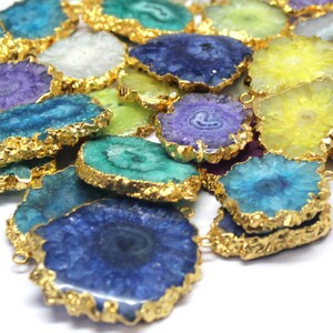 Natural Multi Color Solar Quartz Slice Free Form Gold Electroplated Gemstone Pendant