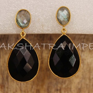 Natural Labradorite Oval & Black Onyx Pear Briolette 925 Sterling Silver Gold Plated Post Earrings