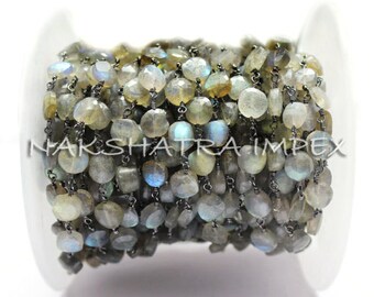 1 Foot Labradorite 6-7mm Coin Faceted Beaded Black Rhodium Plated Wire Wrapped Rosary Chain