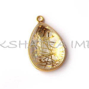 Golden Rutilated Quartz 12x22mm Pear Cabochon 925 Sterling Silver Gold Plated Bezel Pendant