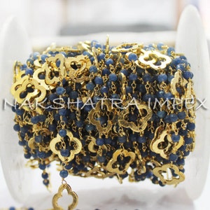 1 Foot Blue Quartz 3-4mm Roundel Faceted Beaded Gold Plated Rosary Chain With Clover