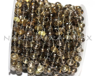 1 Foot Beer Quartz 6 mm Roundel Faceted Beaded Black Rhodium Plated  Wire Wrapped Rosary Chain