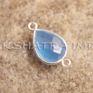Natural Blue Onyx 12x16mm Pear Briolette 925 Sterling Silver Plated Bezel Connector