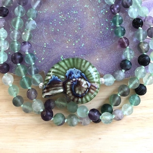 108 Mala Beads Ceramic Shell & Rainbow Fluorite Necklace — Prayer Necklace  Crystal Gemstone