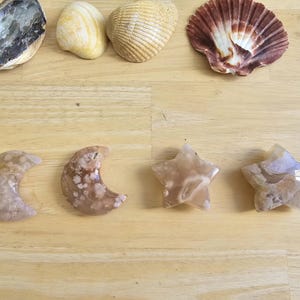 Crescent Moons and Stars Cherry Blossom Flower Agate Crystal Cabochons — Gemstone Carvings