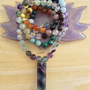 108 Mala Rainbow Fluorite Bliss Chakra Prayer Necklace beads — 15 different Authentic Crystal Gemstones, Lapislazuli, Citrine etc.