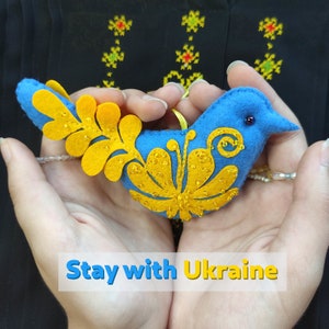 Stay with Ukraine - felt Bird Ornament in the Ukrainian style