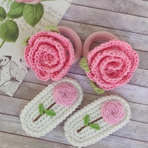 Handmade Hair Accessories Set - Embroidered Floral hair clips, Crochet Rose Hair Ties