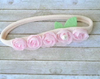 Baby Girl Rose Headband, Newborn soft headbands, newborn infant photo prop, baptism headband