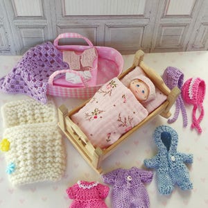 Textile Baby Doll 3,5 inch / Clothing / Wooden Cradle