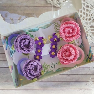 Fairy Flower Accessories Set - Handmade Crochet Rose Hair Ties, Violet Flower Hair Clips