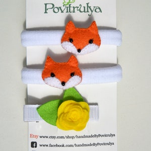 Set of two Hair Ties with Cute Fox and Hair Clip with Rose, Felt Fox hair ties, Baby / Girl Hair Ties, Hair elastics for Pigtails, For girls