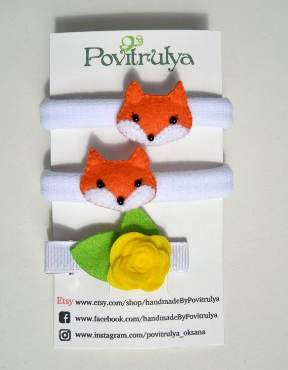 Set of two Hair Ties with Cute Fox and Hair Clip with Rose, Felt Fox hair ties, Baby / Girl Hair Ties, Hair elastics for Pigtails, For girls