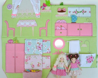 Portable Fabric Dollhouse, two fabric dolls 4,5 inch, Travel toy, Soft Dollhouse, Dollhouse bag, Gift for Baby Girl, Dress up doll play set