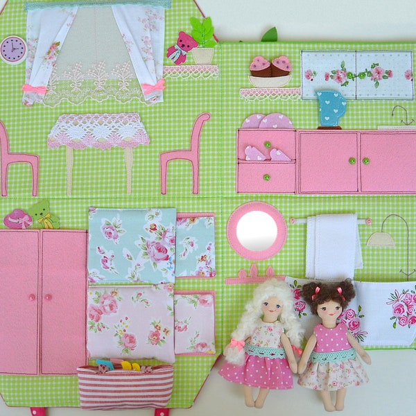 Portable Fabric Dollhouse, two fabric dolls 4,5 inch, Travel toy, Soft Dollhouse, Dollhouse bag, Gift for Baby Girl, Dress up doll play set