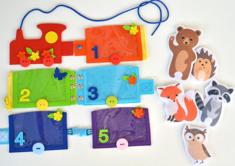 Sensory Educational toy Fasteners, Puzzle Montessori, developmental basic skills, train from felt, Learning Toy, Buckle and Zipper Toy