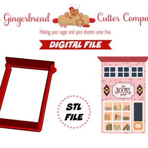 Pode incluir: Um cortador de biscoitos vermelho em forma de livro, ao lado de um edifício rosa com o texto "BIG BOOKS SHOP". A imagem também inclui o texto "DIGITAL FILE" e "STL FILE". O logotipo da The Gingerbread Cutter Company está no topo.