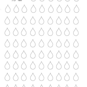 May include: A sheet of paper with a grid of 49 raindrop-shaped cookie cutters. The cutters are 0.75 inches tall and are labeled "Rain Drop".