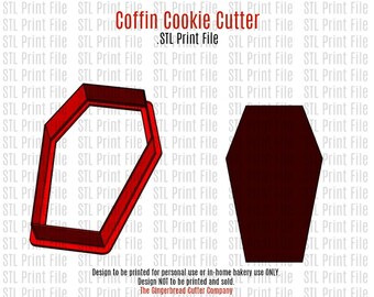 May include: A red coffin-shaped cookie cutter and a solid dark red coffin-shaped silhouette. The text reads Coffin Cookie Cutter, STL Print File, and Design to be printed for personal use or in-home bakery use ONLY. The Gingerbread Cutter Company.