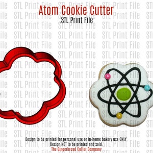 May include: Red plastic cookie cutter shaped like a cloud with an atom design inside. The cookie cutter is designed to be printed for personal use or in-home bakery use only. The Gingerbread Cutter Company.