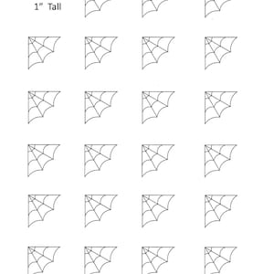 Peut inclure: Une feuille de 16 gabarits de découpe de biscuits en forme de coin de toile d'araignée imprimables. Chaque gabarit mesure 2,5 cm de haut. Le texte "Spider Web Corner" et "The Gingerbread Cutter Company" sont imprimés en haut et en bas de la feuille.